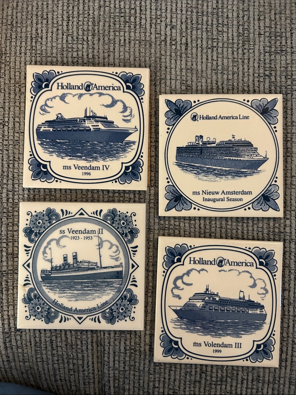 Holland America Blue Delft Tile Coasters Veendam II, IV, Nieuw Amsterdam x4